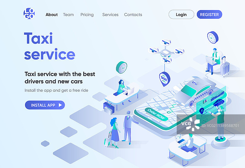 出租车服务2.5D等距着陆页图片素材