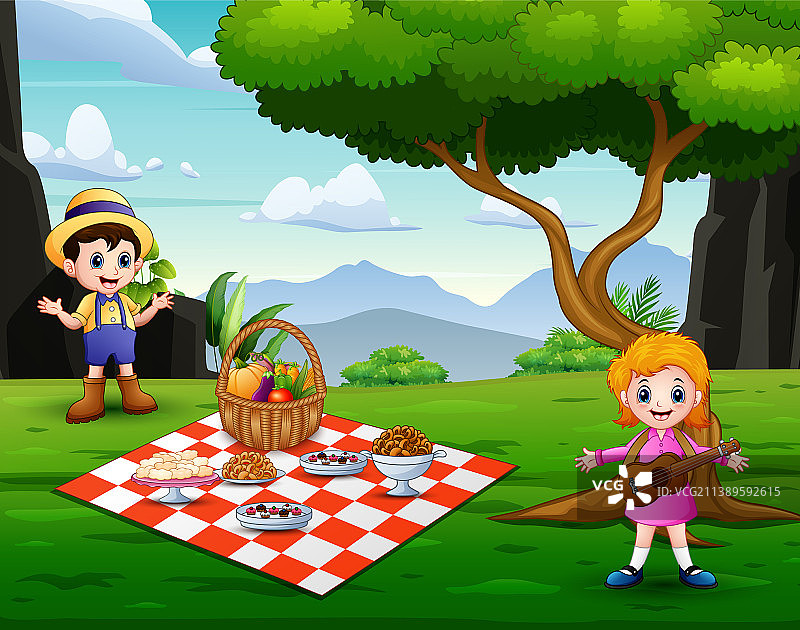 男孩和女孩一起野餐的卡通图片素材