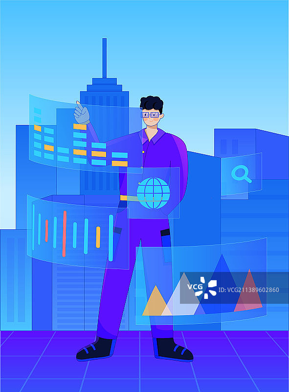 男孩站在城市建筑前科技大数据时代图片素材