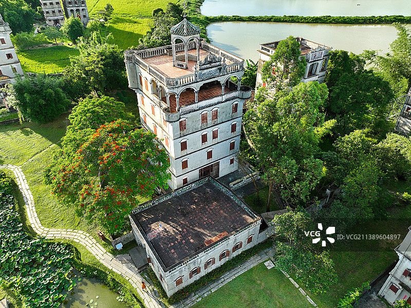 广东省江门市世界遗产开平碉楼与古村落自力村碉楼群航拍图片素材