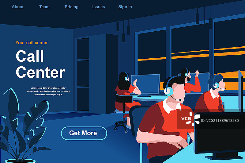 呼叫中心2.5D等距着陆页热线图片素材