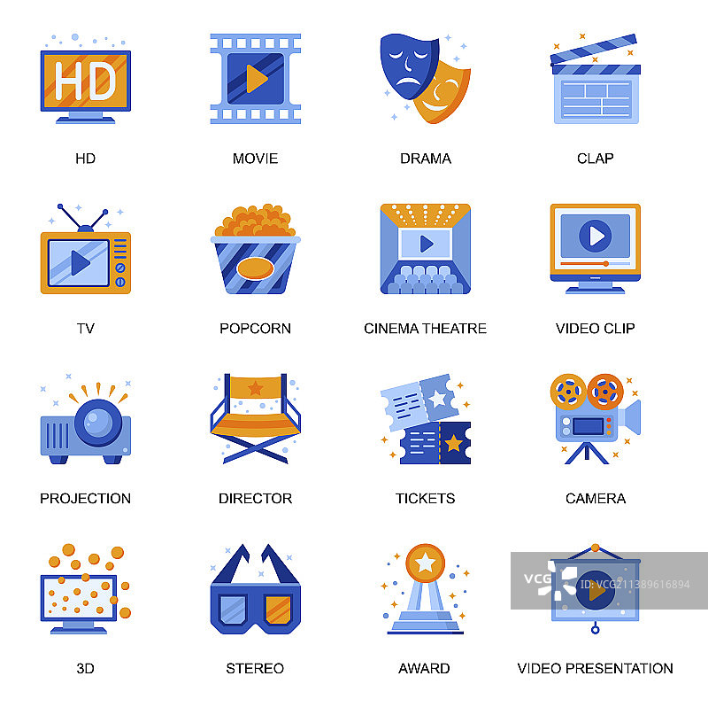 扁平风格电影院图标集视频演示图片素材