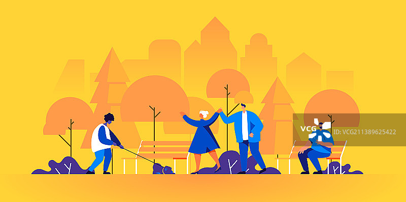 人们在公园里行走，一对年轻夫妇，男人坐在长椅上图片素材