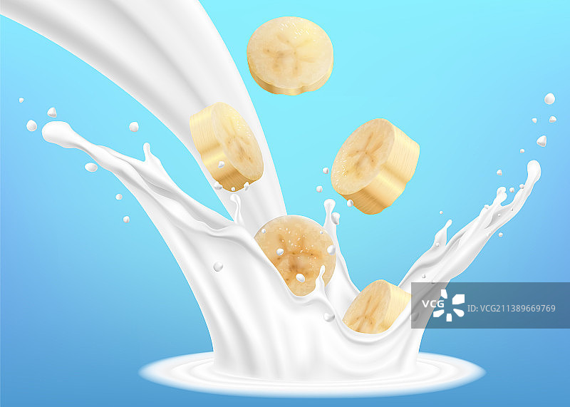 香蕉片与牛奶或酸奶的飞溅图片素材