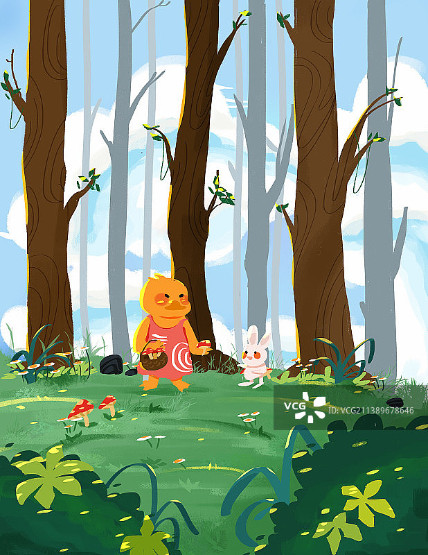 森林里面采蘑菇自然风光图片素材