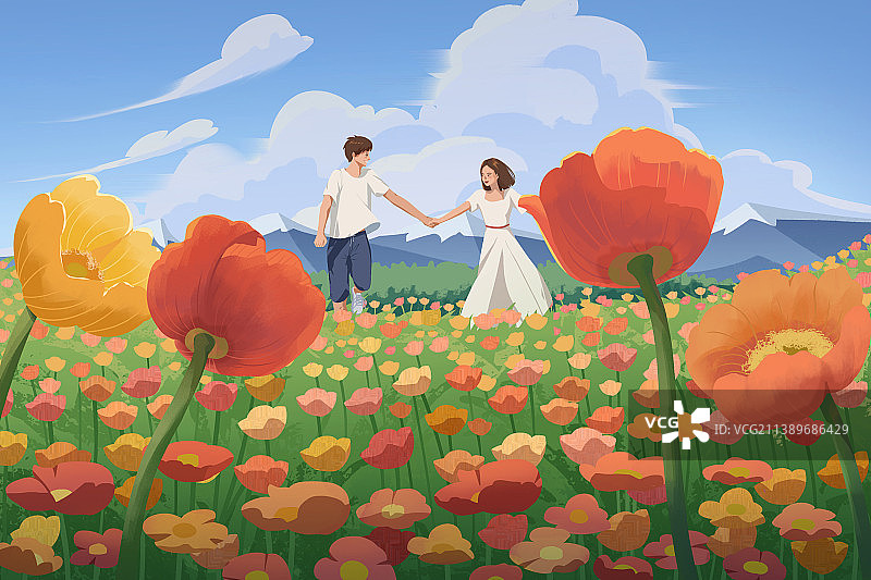 插画情侣手牵手在花海中奔跑图片素材