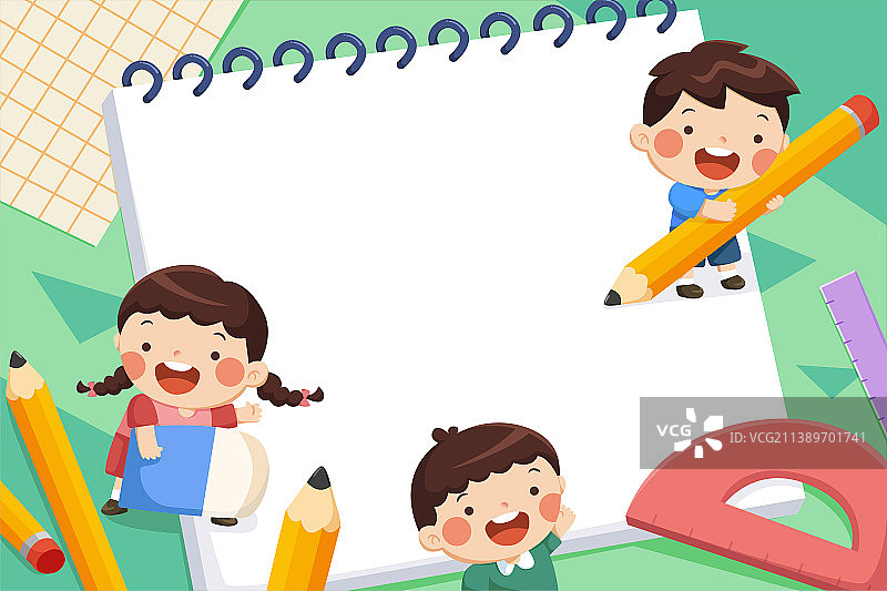 拿着文具书写笔记本的儿童 返校季营销插图图片素材
