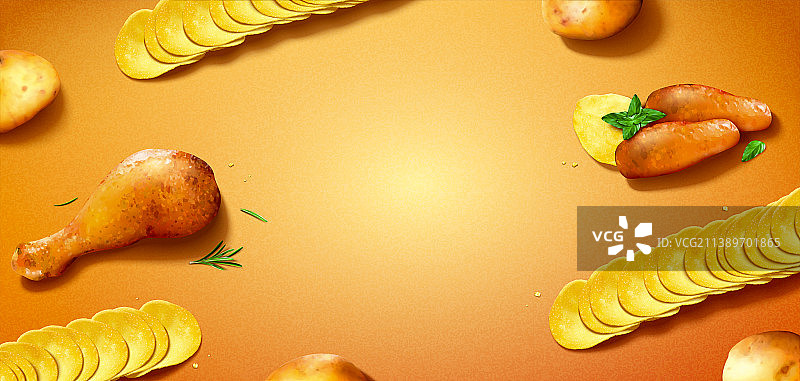 整齐排列的薯片及香料烤鸡背景图片素材