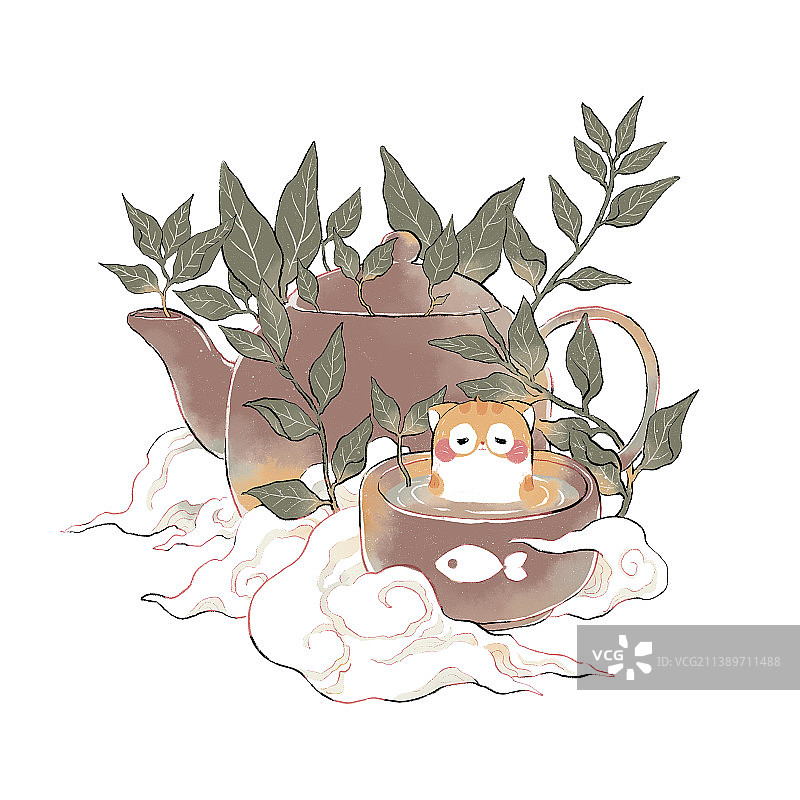 茶包装插画 泡茶的猫图片素材