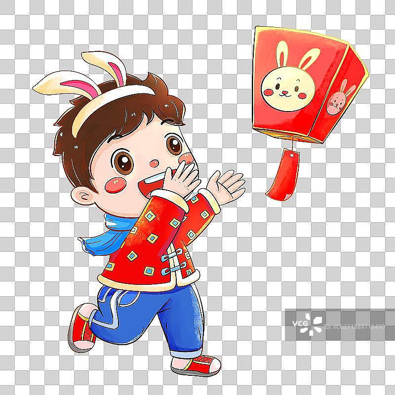 国潮水彩新年放孔明灯的男孩元素图片素材