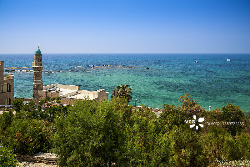 沿地中海海岸线伸展的特拉维夫-雅法城市群，雅法古城和古港图片素材