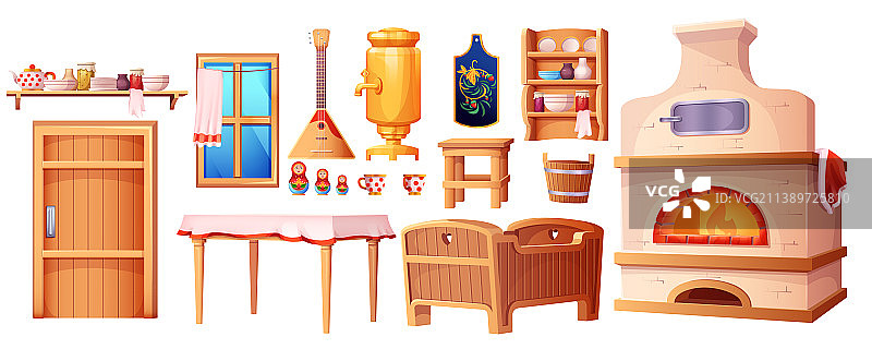 卡通老式厨房内部元素图片素材