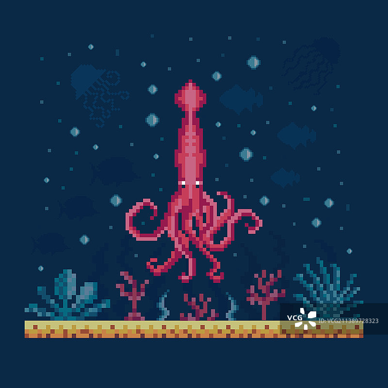 海底景观鱿鱼像素画图片素材