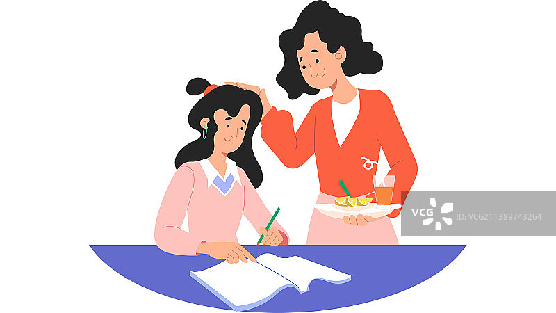 家庭作业妈妈指导鼓励女孩写作业家庭作业安慰鼓励扁平化人物插画图片素材