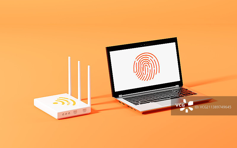 路由器与指纹识别的电脑3D渲染图片素材