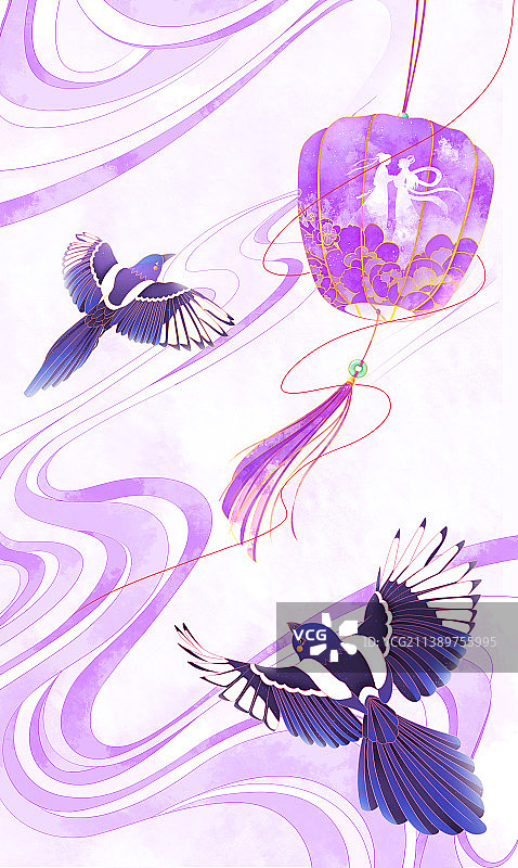 七夕佳节浮云流动花灯摇曳喜鹊从一旁飞过图片素材