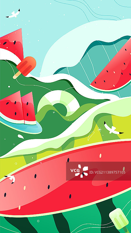 西瓜和海浪清凉夏日矢量插画竖图图片素材