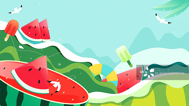 西瓜和海浪清凉夏日矢量插画横图背景图片素材