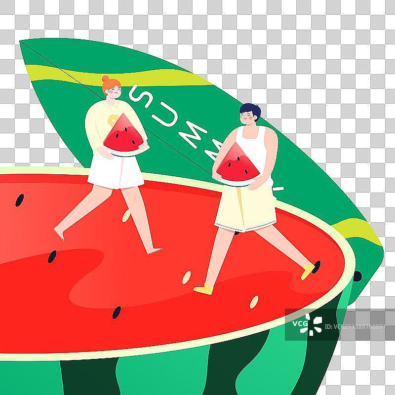 男孩和女孩抱着西瓜矢量插画元素图片素材