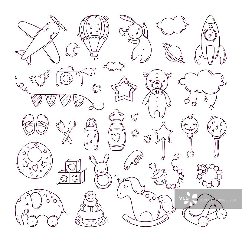 涂鸦风格手绘婴儿玩具合集图片素材