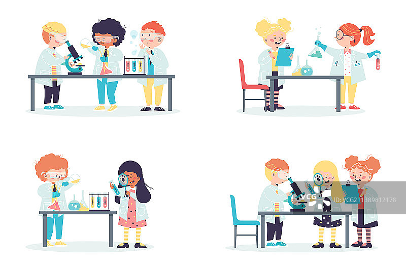 聪明的孩子在科学实验室做化学实验图片素材