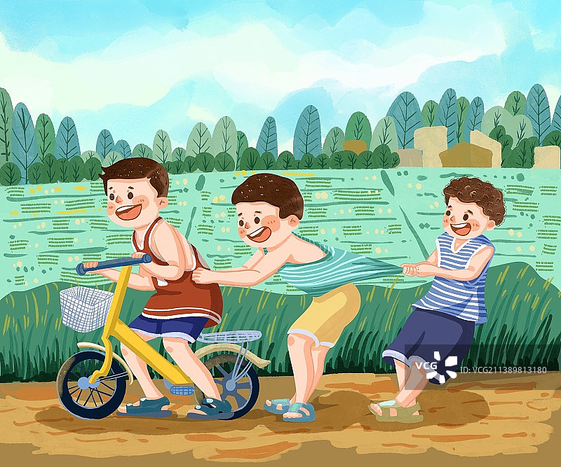夏天暑假里的童年骑自行车的小孩图片素材