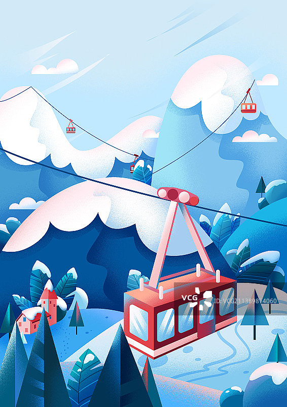 冬季雪山缆车噪点风插画图片素材