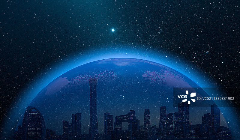 创意蓝色星球下的北京城市建筑图片素材