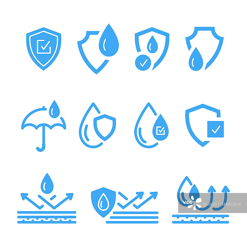 防水图标，如盾牌、雨伞和液体图片素材