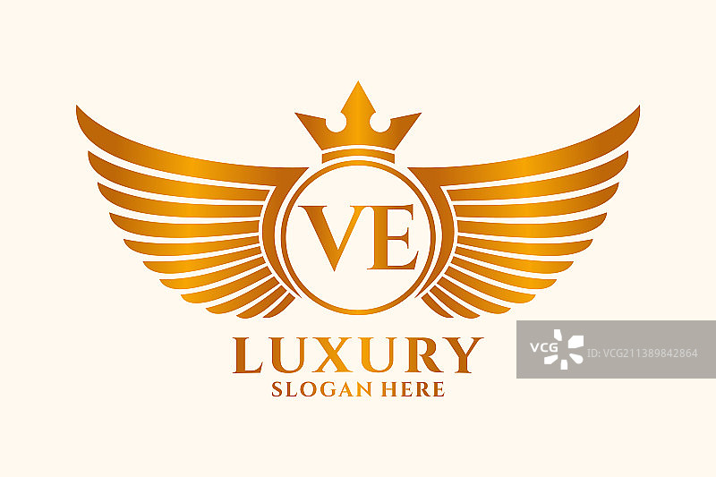 奢华皇家翅膀VE字母徽章金色标志图片素材
