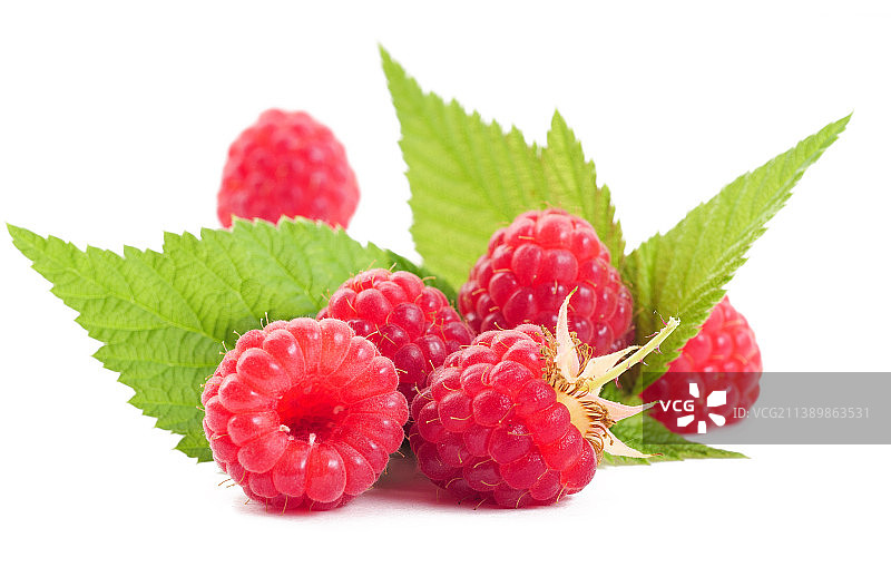 带叶覆盆子，白色背景中孤立的覆盆子图片素材