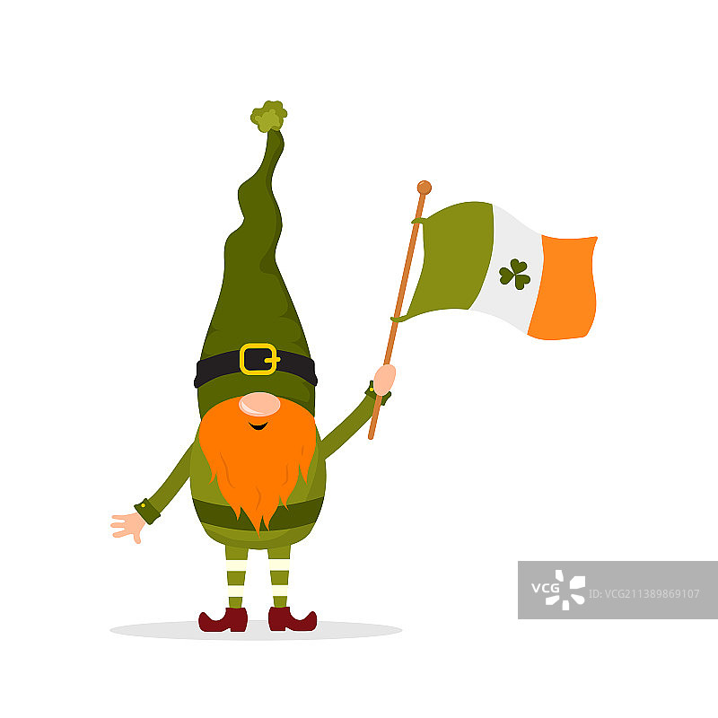 手持旗帜的可爱圣帕特里克节小矮妖图片素材