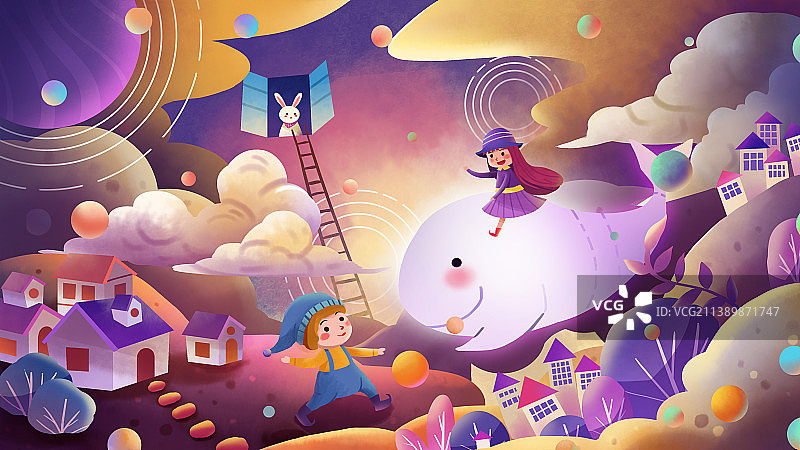 手绘童话世界鲸鱼六一儿童节绘本插画图片素材