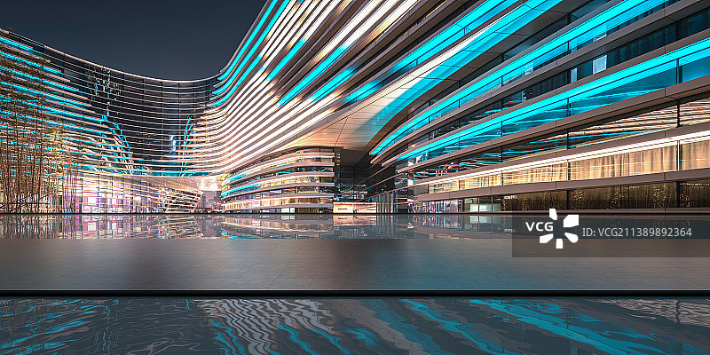 城市现代建筑夜景与水面平台图片素材