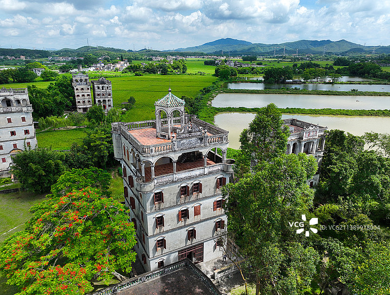 广东省江门市世界遗产开平碉楼与古村落自力村碉楼群航拍图片素材
