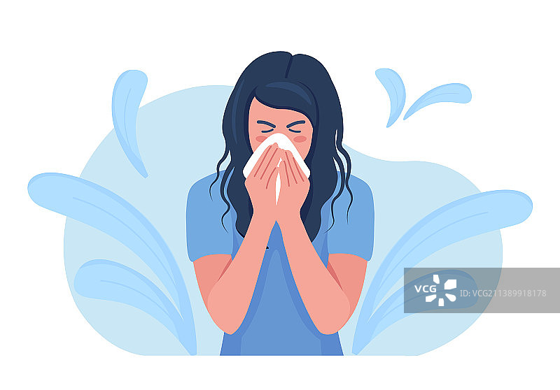 女人用纸巾打喷嚏咳嗽图片素材