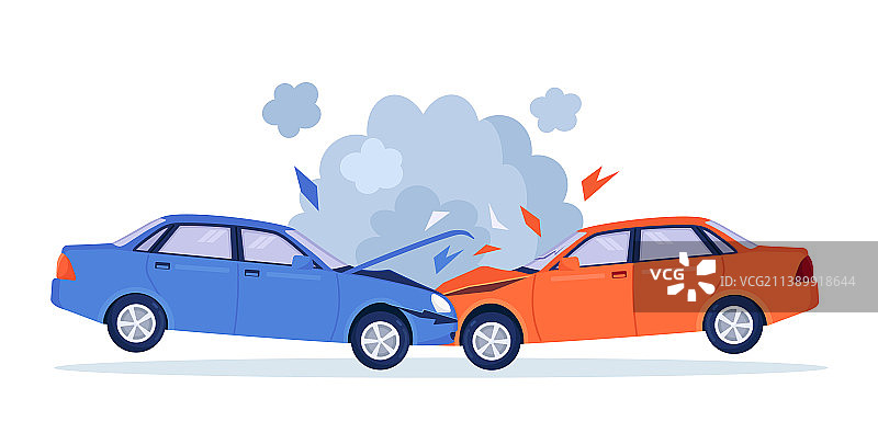道路上的车辆碰撞事故，红色和蓝色汽车图片素材