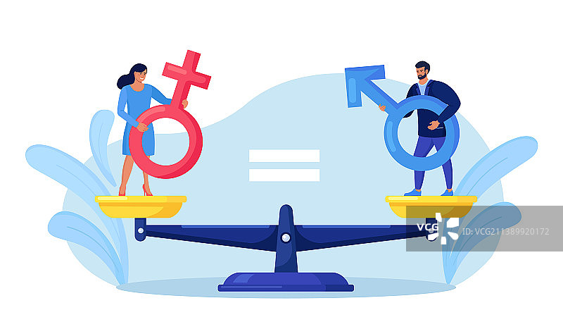 站在平衡秤上的男人和女人图片素材