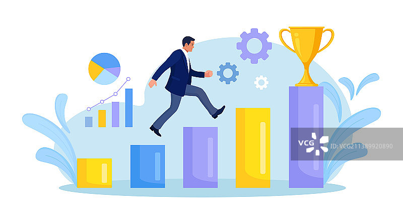 商人沿着台阶跑到金色奖杯处图片素材