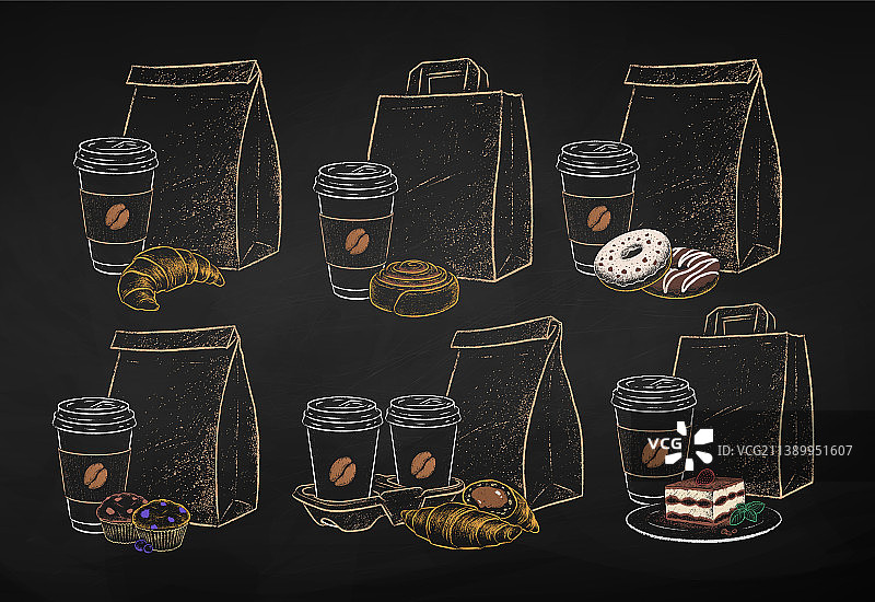 手绘外带咖啡杯和甜点图片素材
