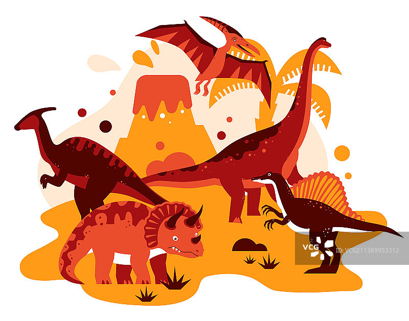 不同种类的恐龙扁平风格橙色设计图片素材