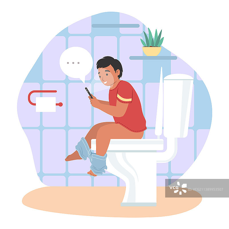 儿童男孩坐在马桶上玩手机图片素材