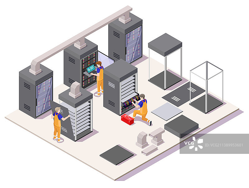 工程师在数据中心安装服务器图片素材