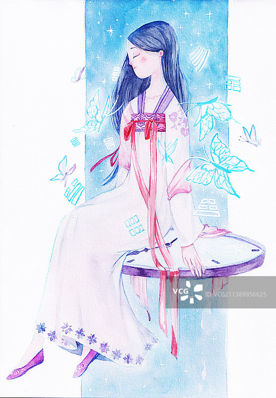 蝴蝶围绕坐在时间上的少女图片素材