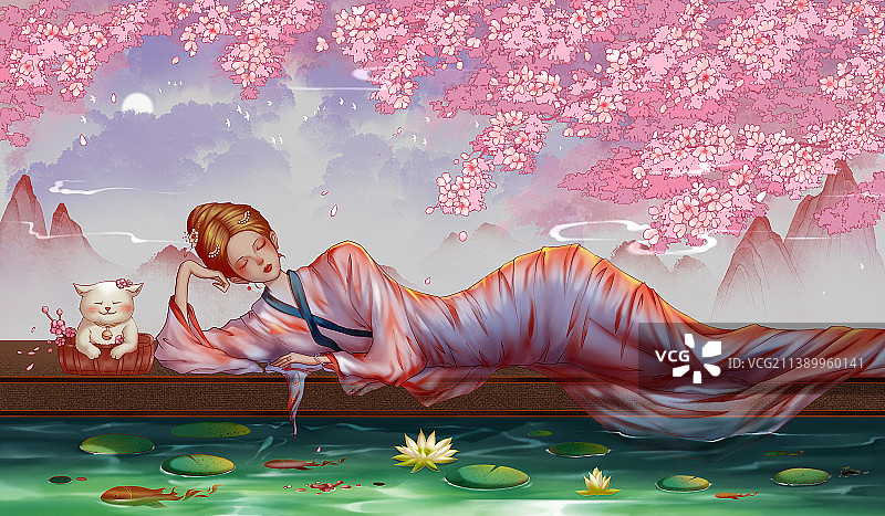 桃花树下午睡的女人国风插画图片素材