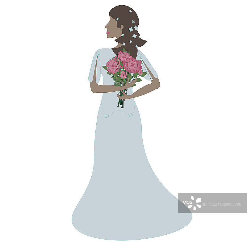 身穿白色长裙手捧花束的新娘图片素材