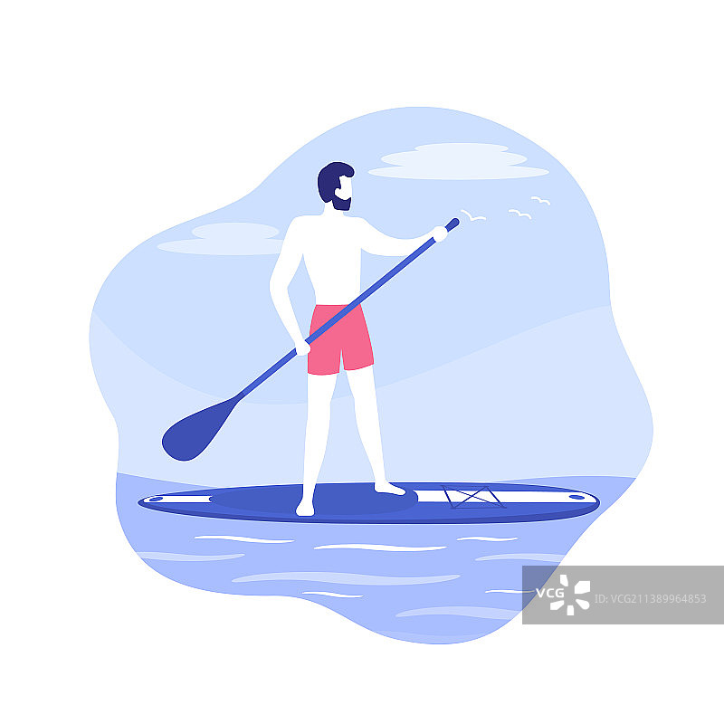 男人在桨板上划桨图片素材