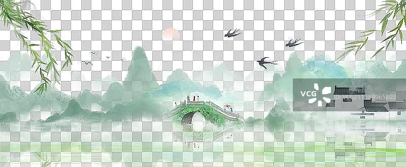 中国风春天绿色水墨山水画背景图片素材