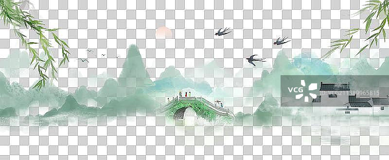 中国风春天绿色水墨山水画背景图片素材