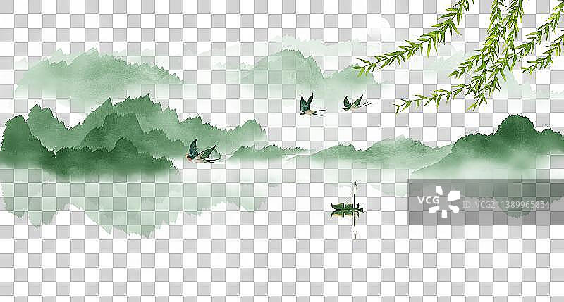 中国风春天绿色水墨山水画背景图片素材